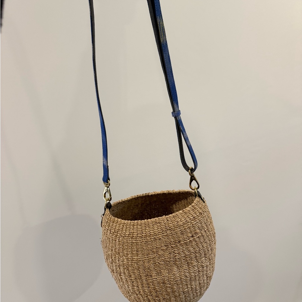 Clare V Raffia Bucket Bag with fun blue strap